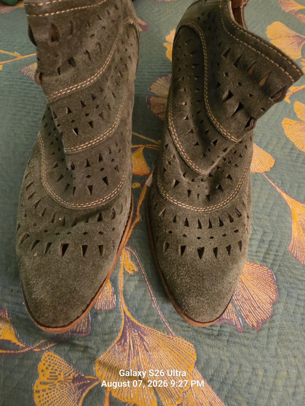 Sofft Olive Suede Laser-Cut Ankle Booties